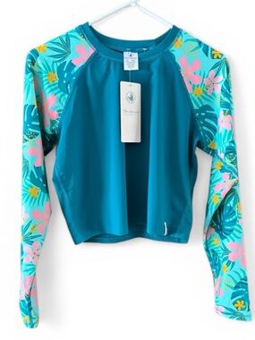 Body Glove Cropped Long Sleeve Rash Guard Teal Tropical Floral UPF Size L NWT